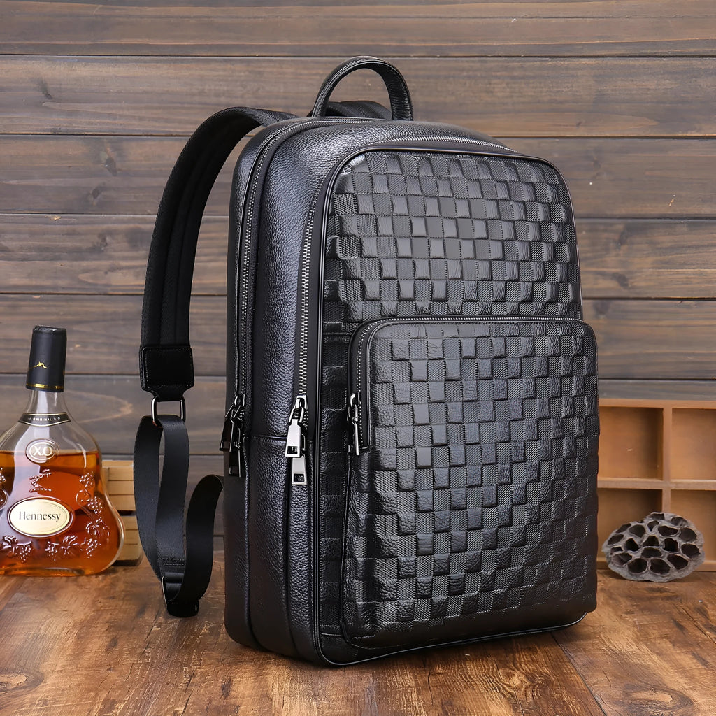 Genuine leather men's business travel bag black with contrast colour detail and airpillow straps