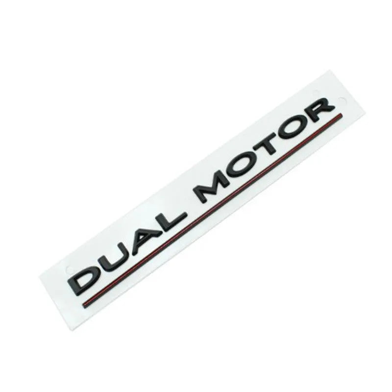 Tesla Model 3 double motor performance bumper sticker in ABS plastic, 19cm by 3cm, showing colour options.