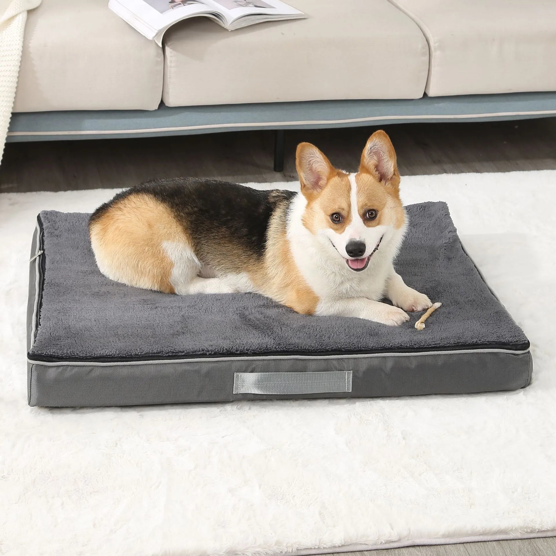 Removable cover memory foam dog mat in khaki, shown in a 90x70x10cm size.