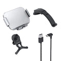 Grey wireless charging car phone holder with folding screen, showing air conditioner clip and suction cup mounting options