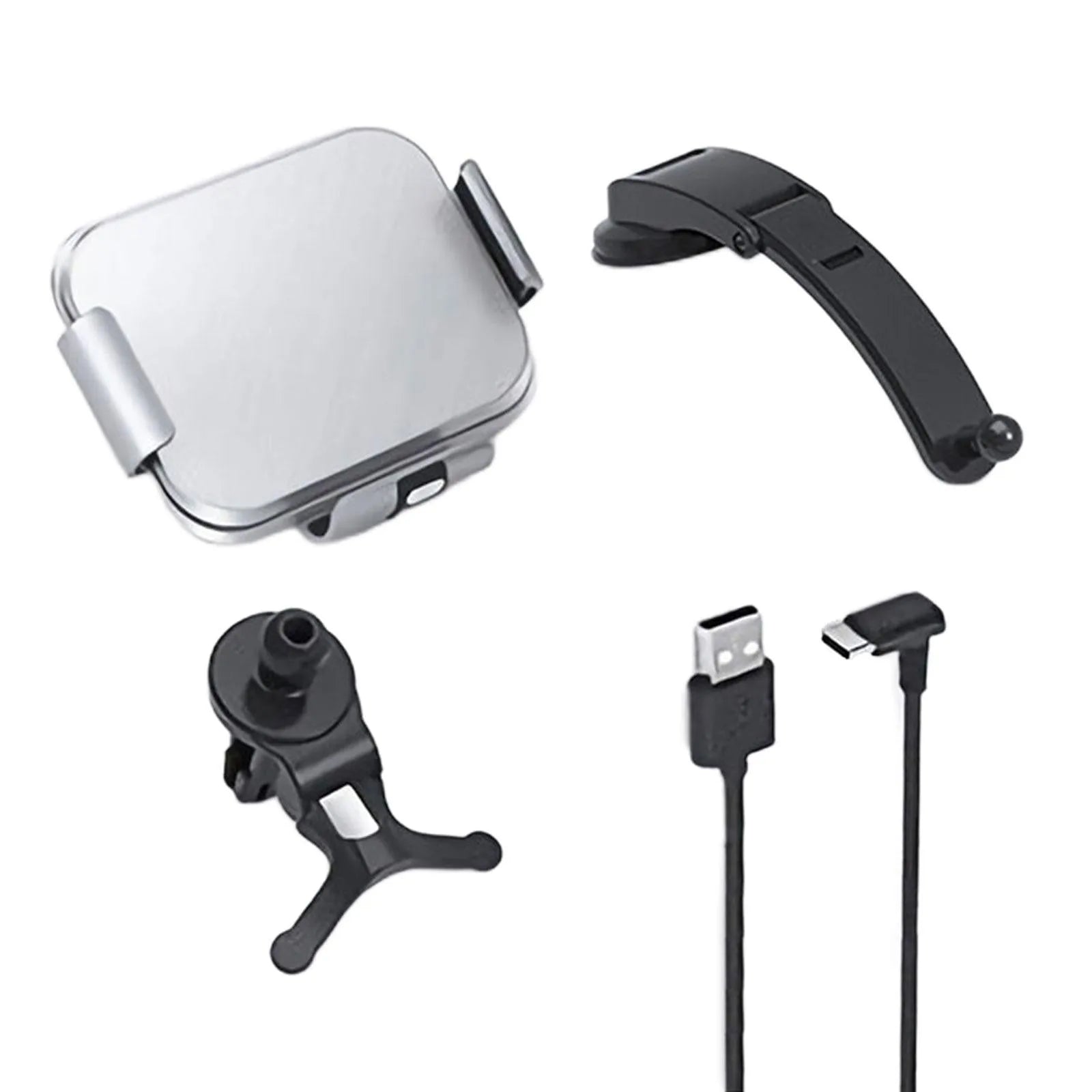 Grey wireless charging car phone holder with folding screen, showing air conditioner clip and suction cup mounting options