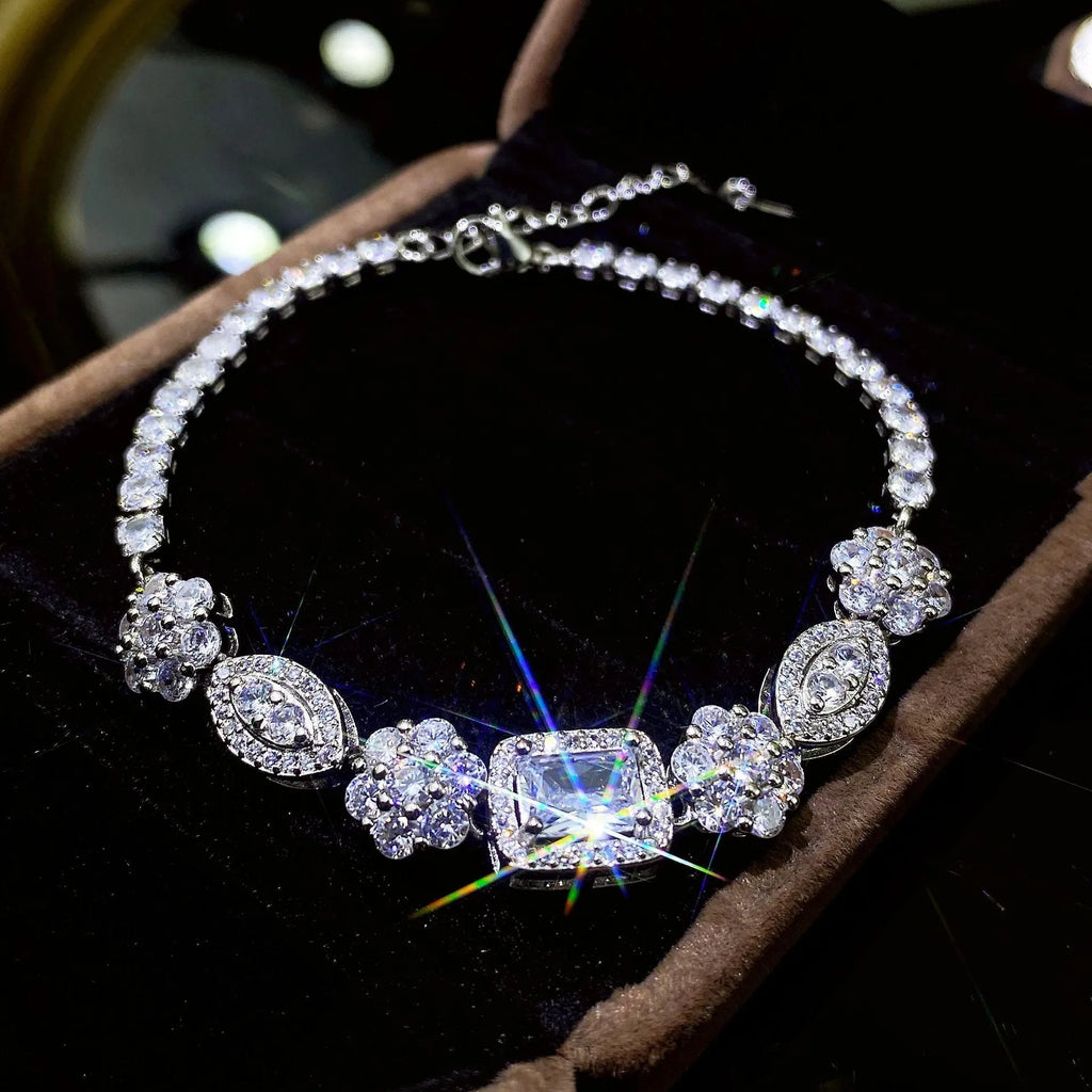 Women's geometric bracelet with S925 sterling silver plating and inlaid zircon stones showing adjustable chain
