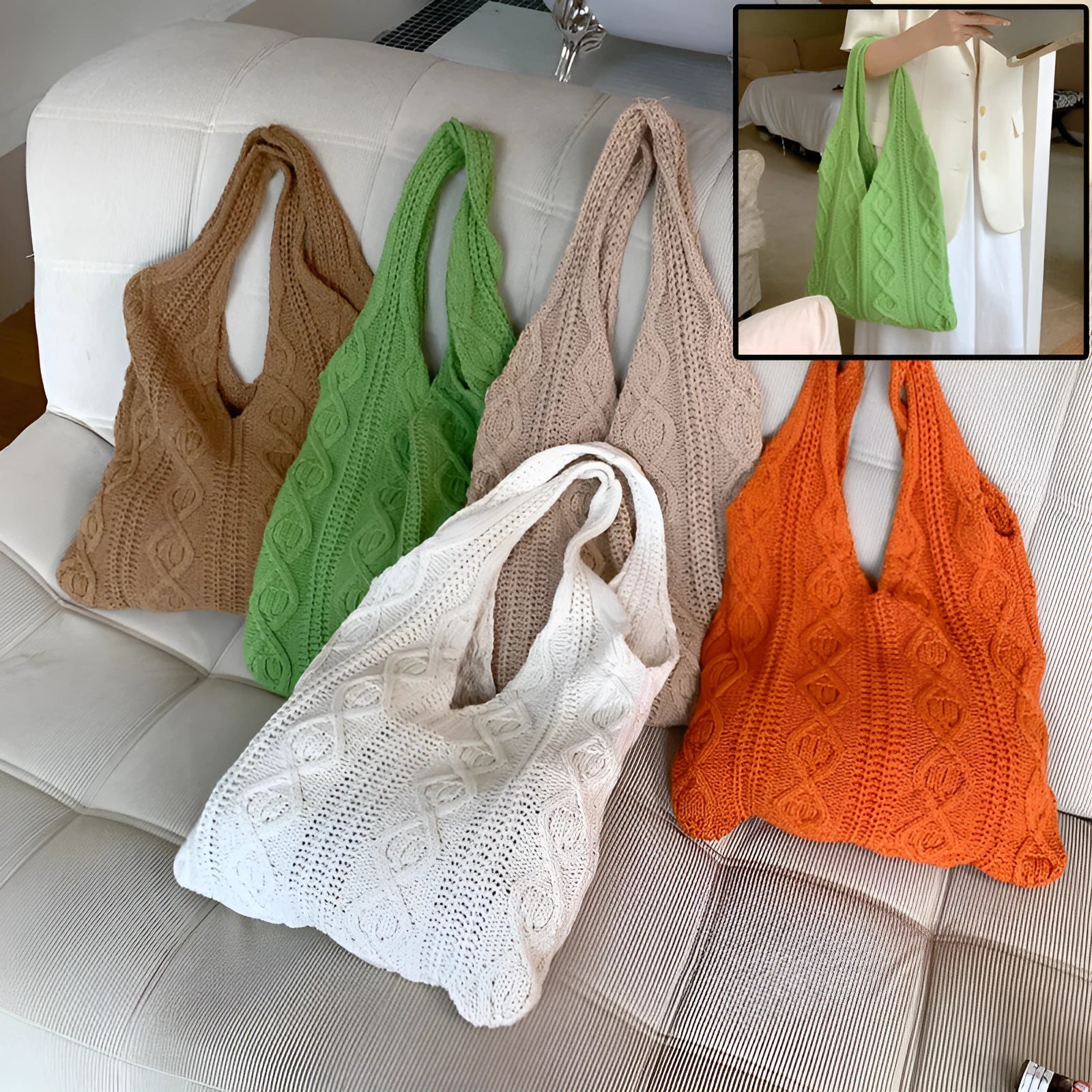 Women's retro style hollow knitted polyester tote bag in a solid colour, showing large open top and textured yarn material.