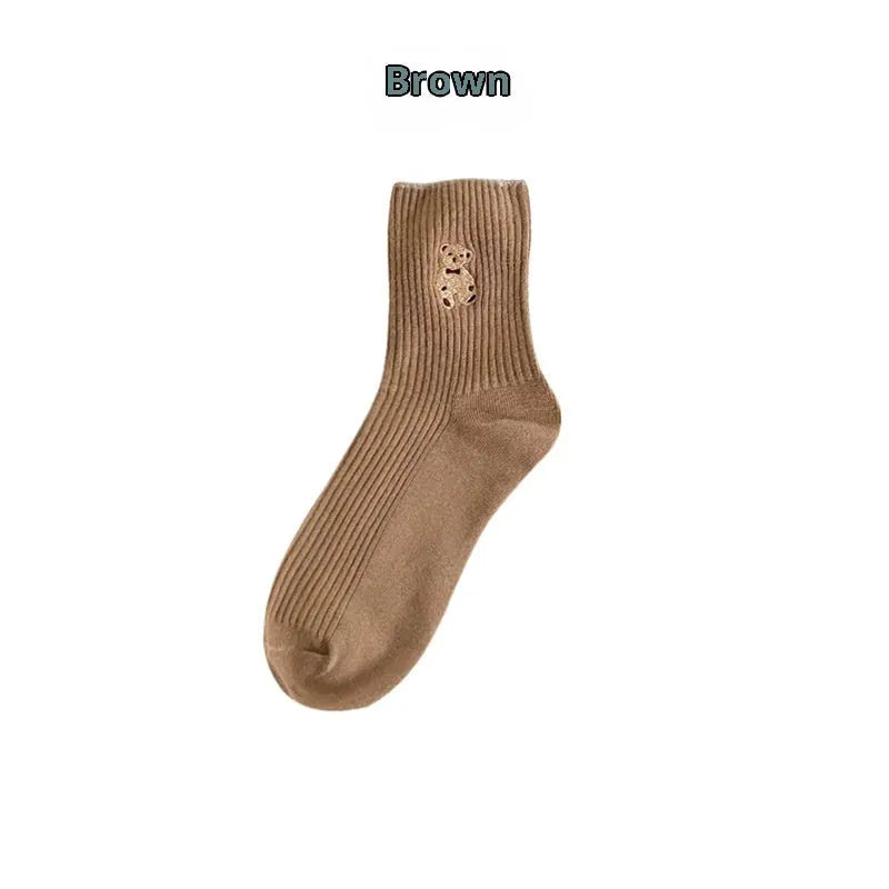 Mid-calf retro Japanese school style bear pattern stack socks for women