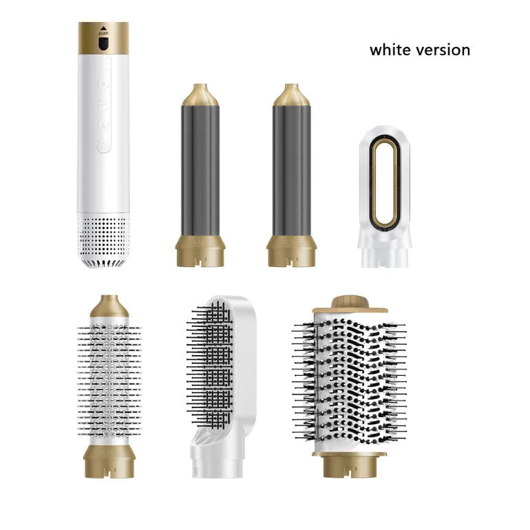 Dark blue and white 6-in-1 electric hot air comb with leather case for curling and straightening hair