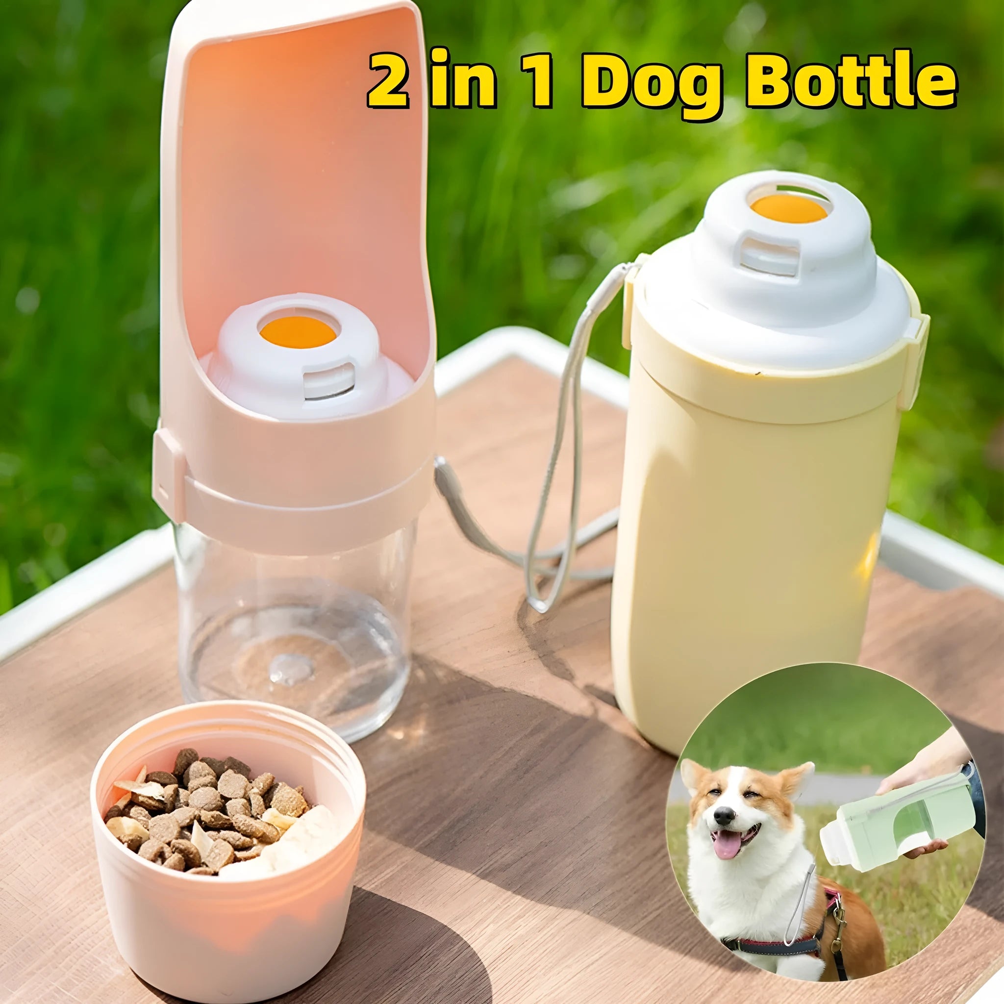 Gray 2-in-1 travel dog water bottle and feeder with lanyard, showing folding design and drinking cup.