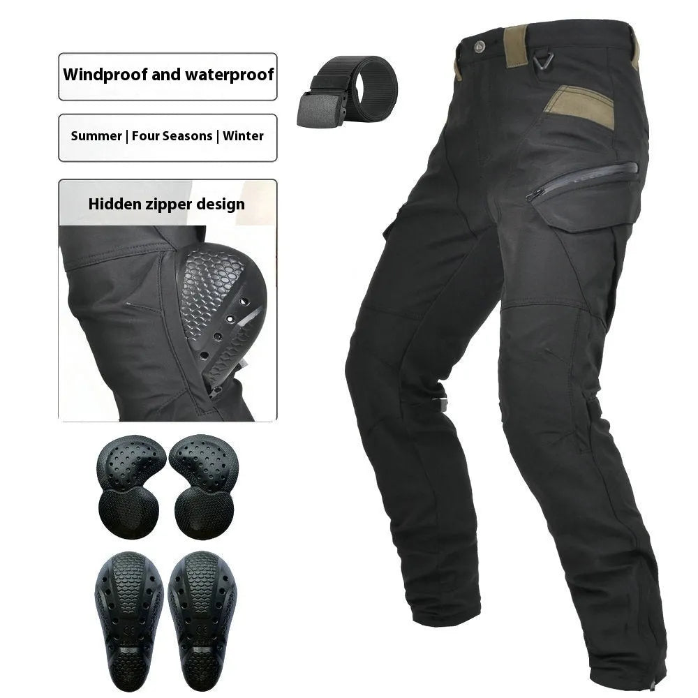 Men's waterproof black cycling trousers with removable protective gear for motorcycle use