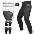 Men's waterproof black cycling trousers with removable protective gear for motorcycle use
