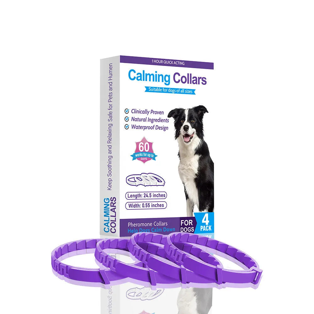 Four dog anxiety relief collars in different colours with Chinese-style patterns and adjustable clasps