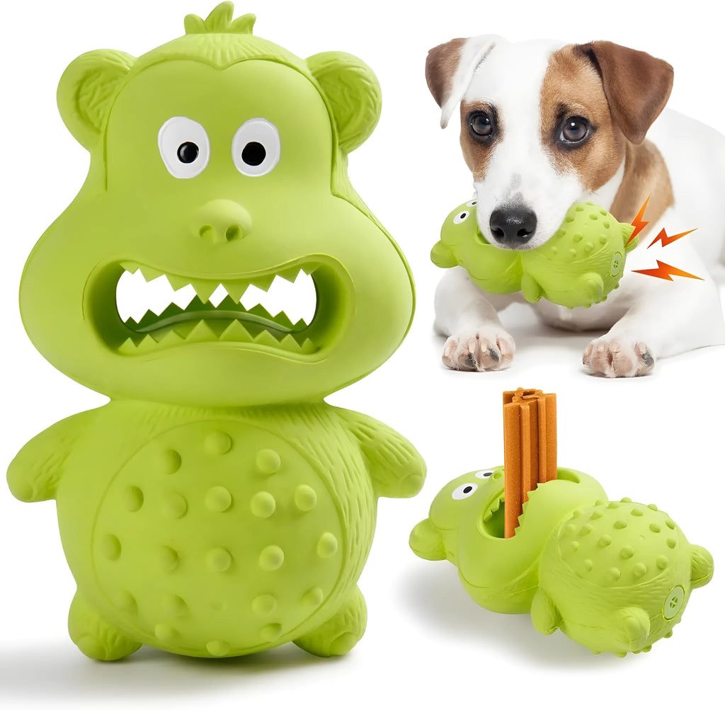 Green and yellow natural rubber dog chew toy for aggressive chewers