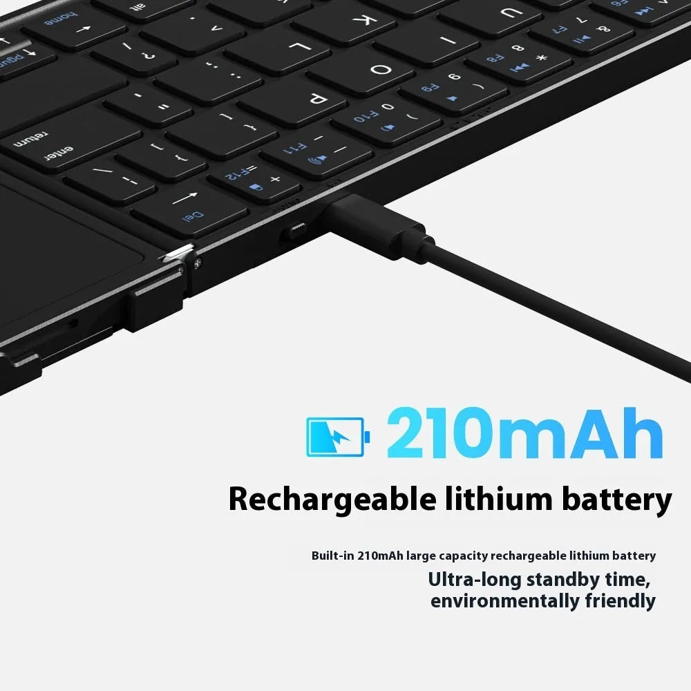 Black folding Bluetooth keyboard for mobile phones and tablets, shown both open and closed.