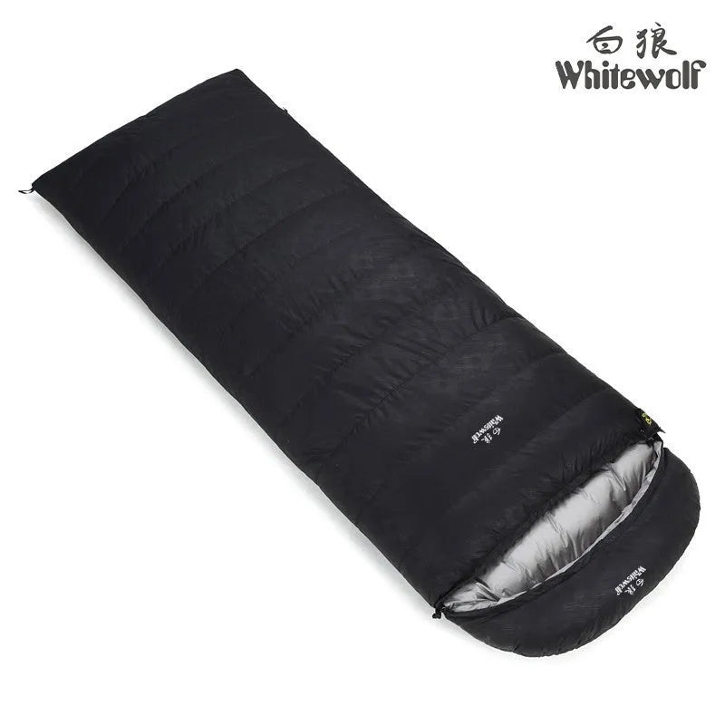 Black adult outdoor sleeping bag with goose down filler and tear-resistant nylon fabric