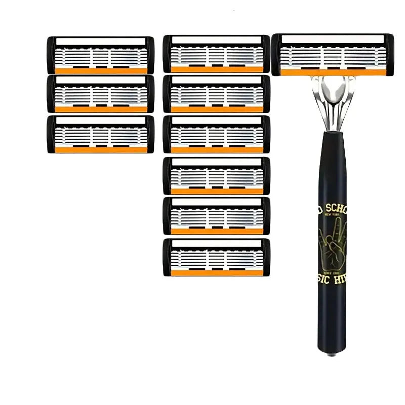 Black manual shaver handle with six-layer replacement blades for beard grooming tools