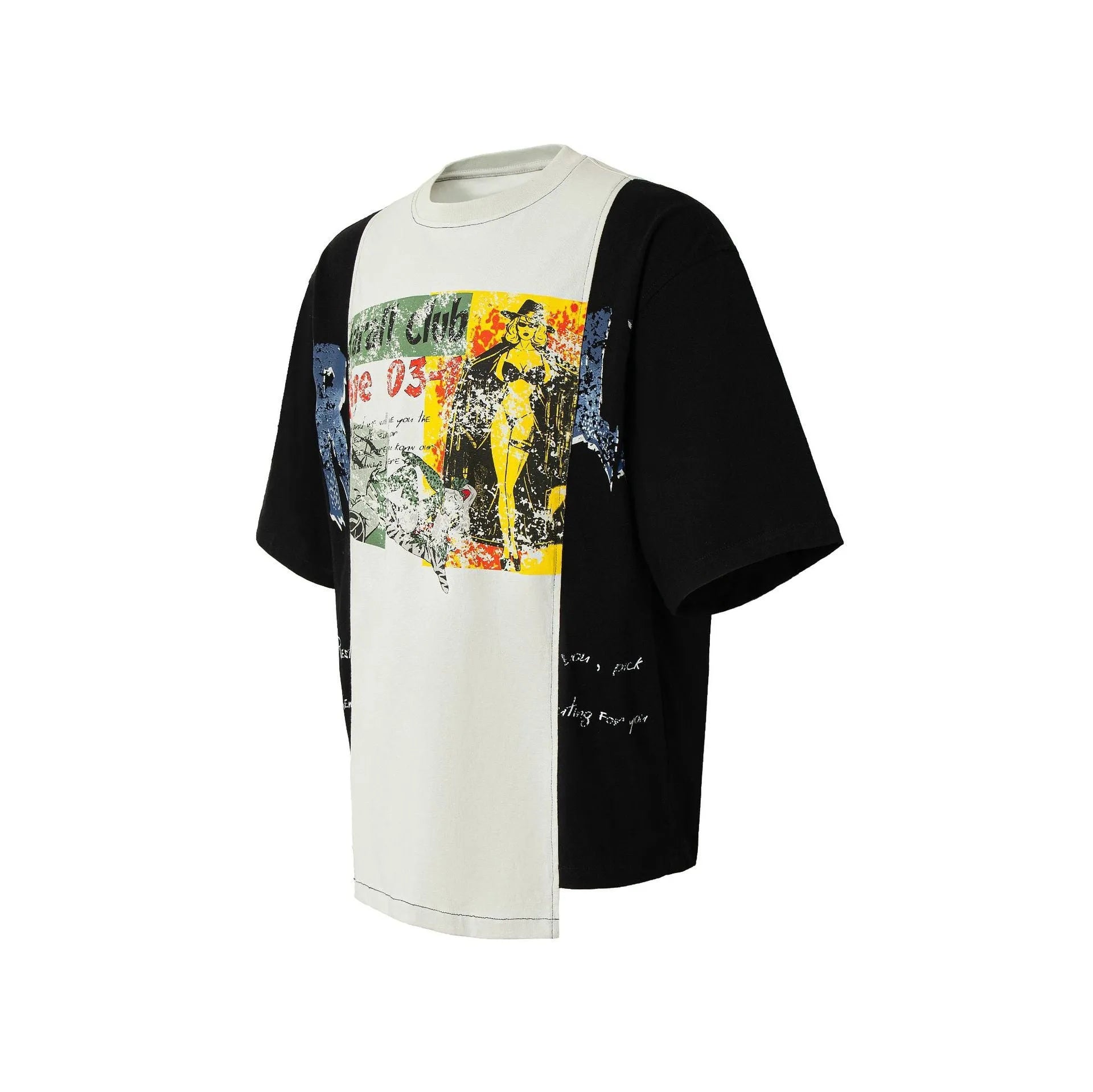 Men's black and white broken collage print loose fit cotton blend t-shirt on hanger