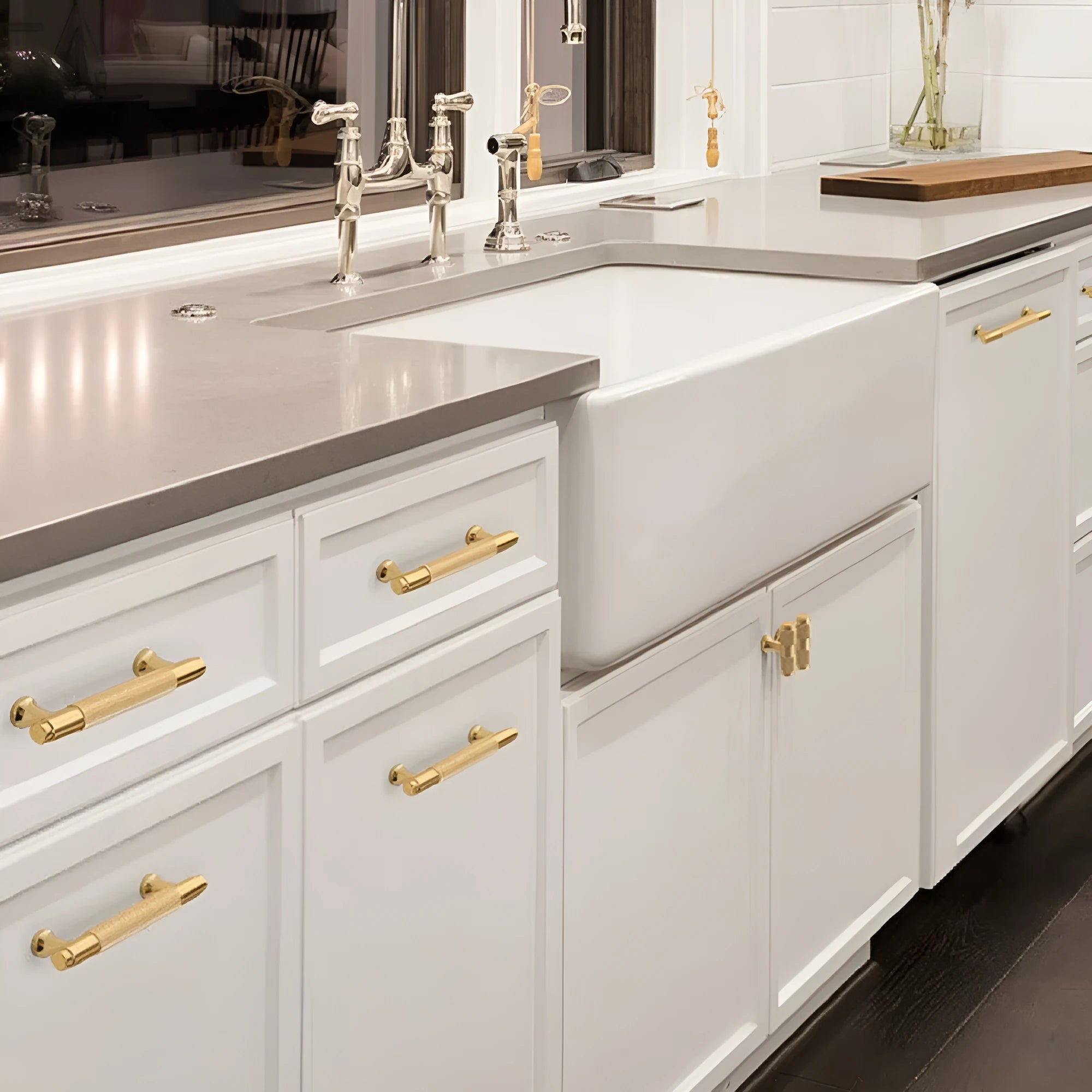 Brushed brass aluminium alloy furniture handle on a white background, showing hole spacing options.