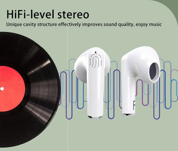 White wireless Bluetooth earphones with a semi in-ear design and a charging case on a white background.