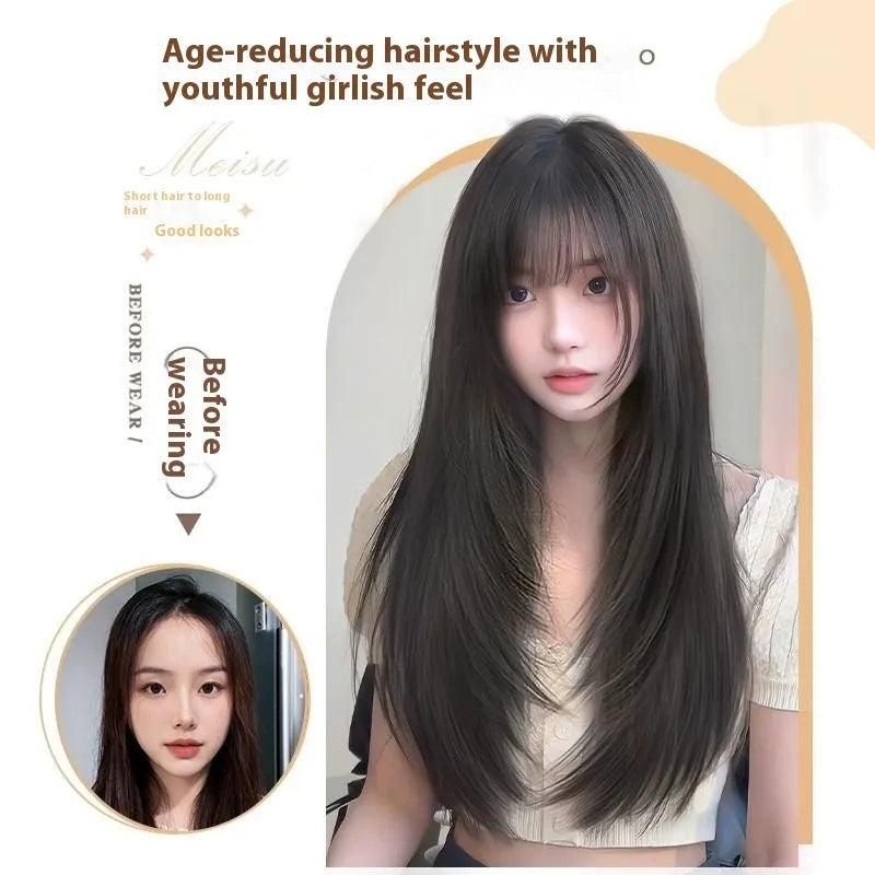 Long straight layered full-head wig in black with hair net construction and high-temperature fibre material