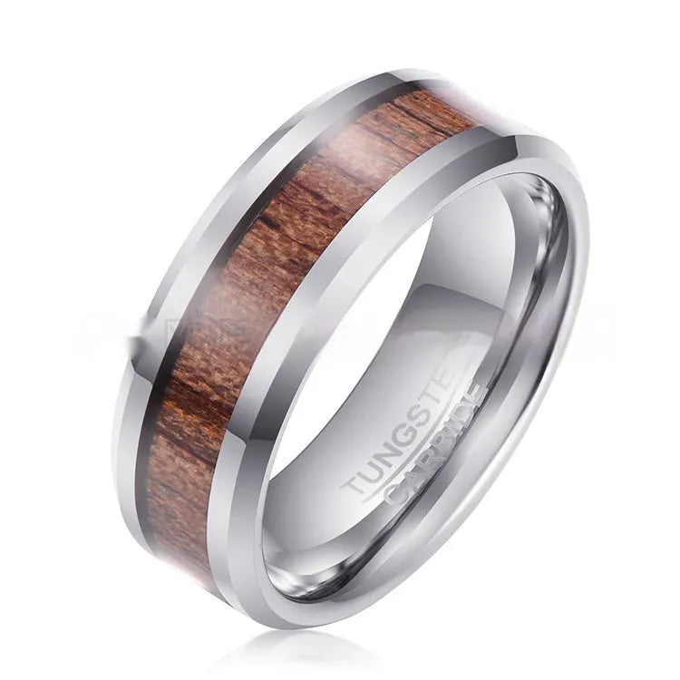 Men's wide 8mm tungsten wedding ring with a leather inlay, shown in rose gold and steel colour finishes.
