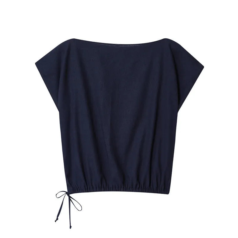 Women's linen blend off-neck shirt with flounced sleeves and wide leg trousers set for office wear