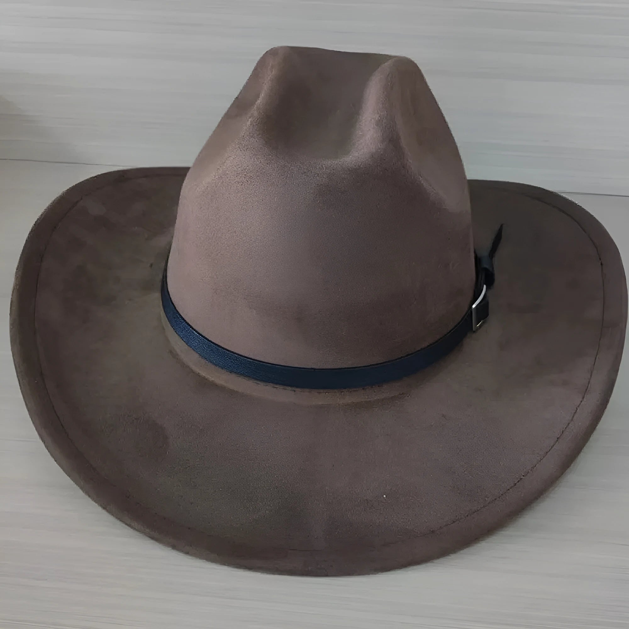 Curved edge western cowboy hat in leather fabric with conical crown design, size M 56-58cm, available in multiple colours including brown and black
