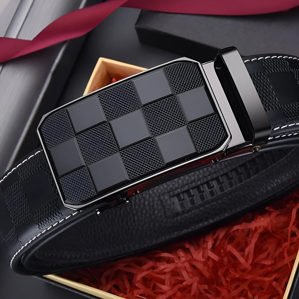 Men's genuine leather automatic buckle belt with alloy electroplated buckle in carved plaid colour
