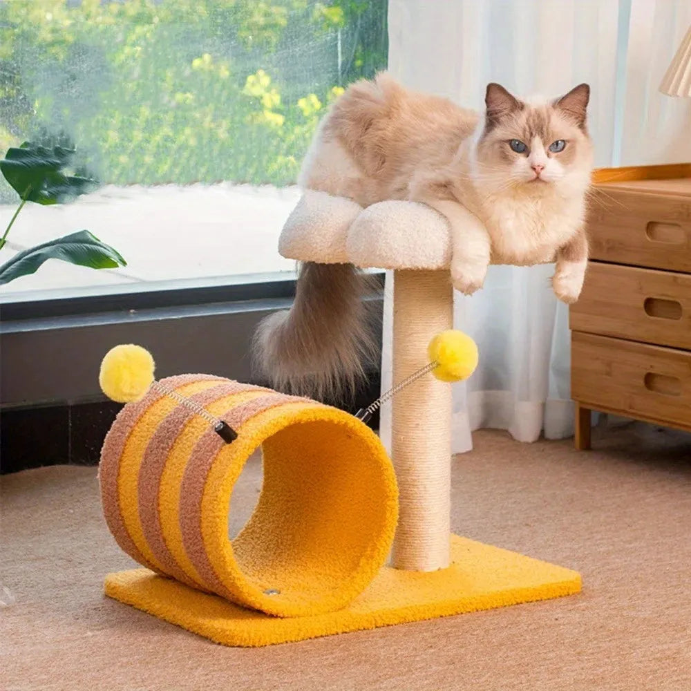 Yellow bee-themed cat climbing frame with sisal scratching board and tunnel measuring 46x36x25cm