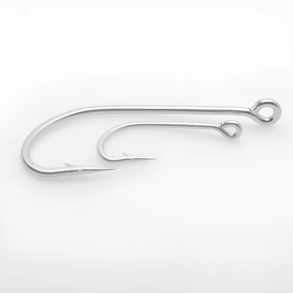 Assortment of stainless steel alloy sea fishing hooks in various styles for catching weever, snakehead, and seahorse.