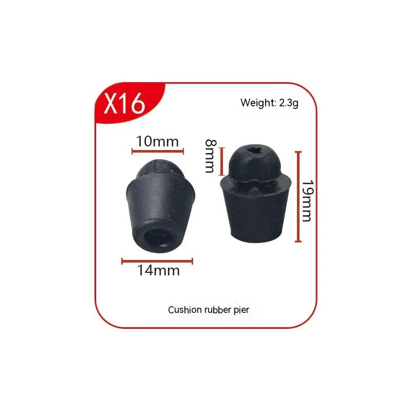 Ten black rubber automotive strut damping buckles for bootlid shock absorption.