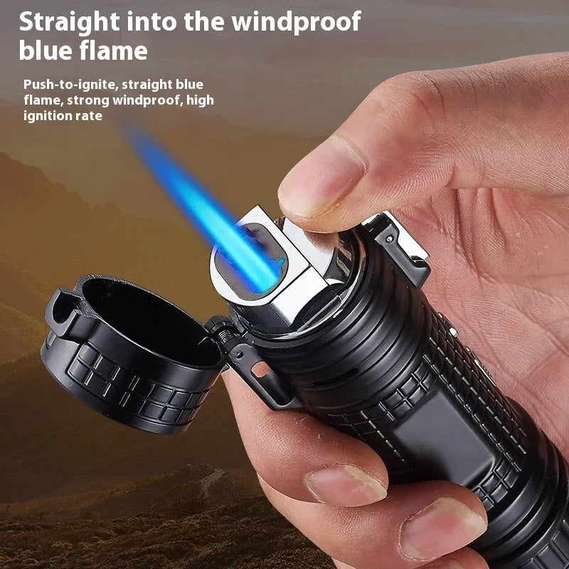 TH727 multifunction metal flashlight lighter shown in camouflage, red, black, blue, and yellow colour options.