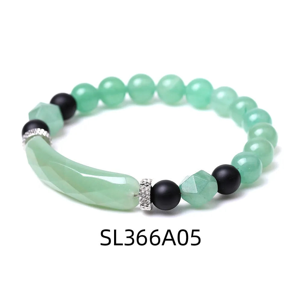 Handmade black agate diamond cut bracelet with geometric fan design on wrist