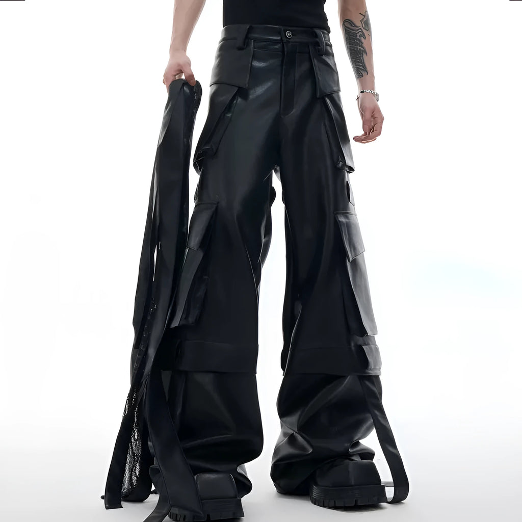 Black retro multi-pocket trousers with quilted stitching and ribbon accents in loose fit