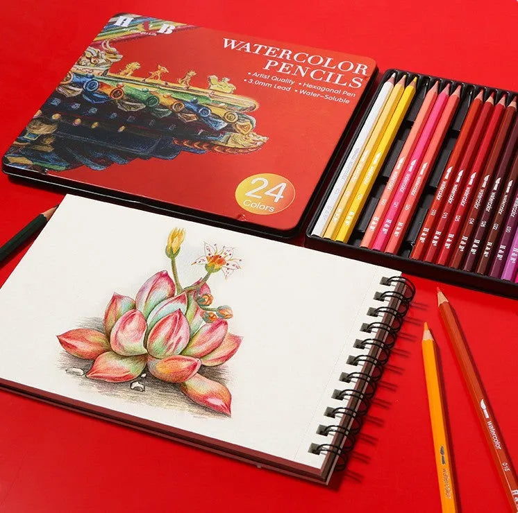 Water-soluble coloured pencils in iron tin with 24 colours for drawing and painting