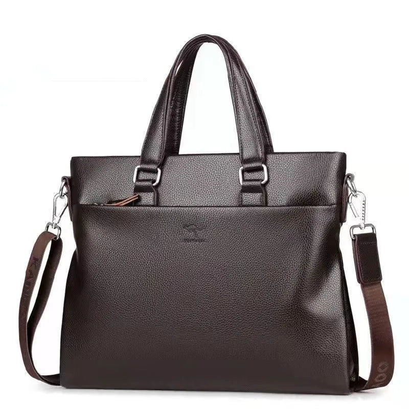 Black PU leather men's messenger shoulder bag with splicing design, 35x30x4cm.