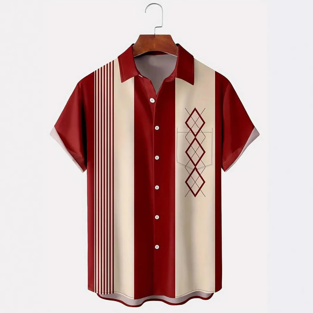 Man wearing a loose fit plaid short sleeve shirt with a contrast colour lapel, cardigan style.