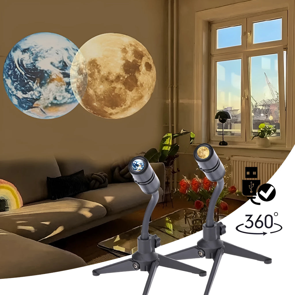 Earth and Moon projection lamp with adjustable metal hose bracket on a wooden table.