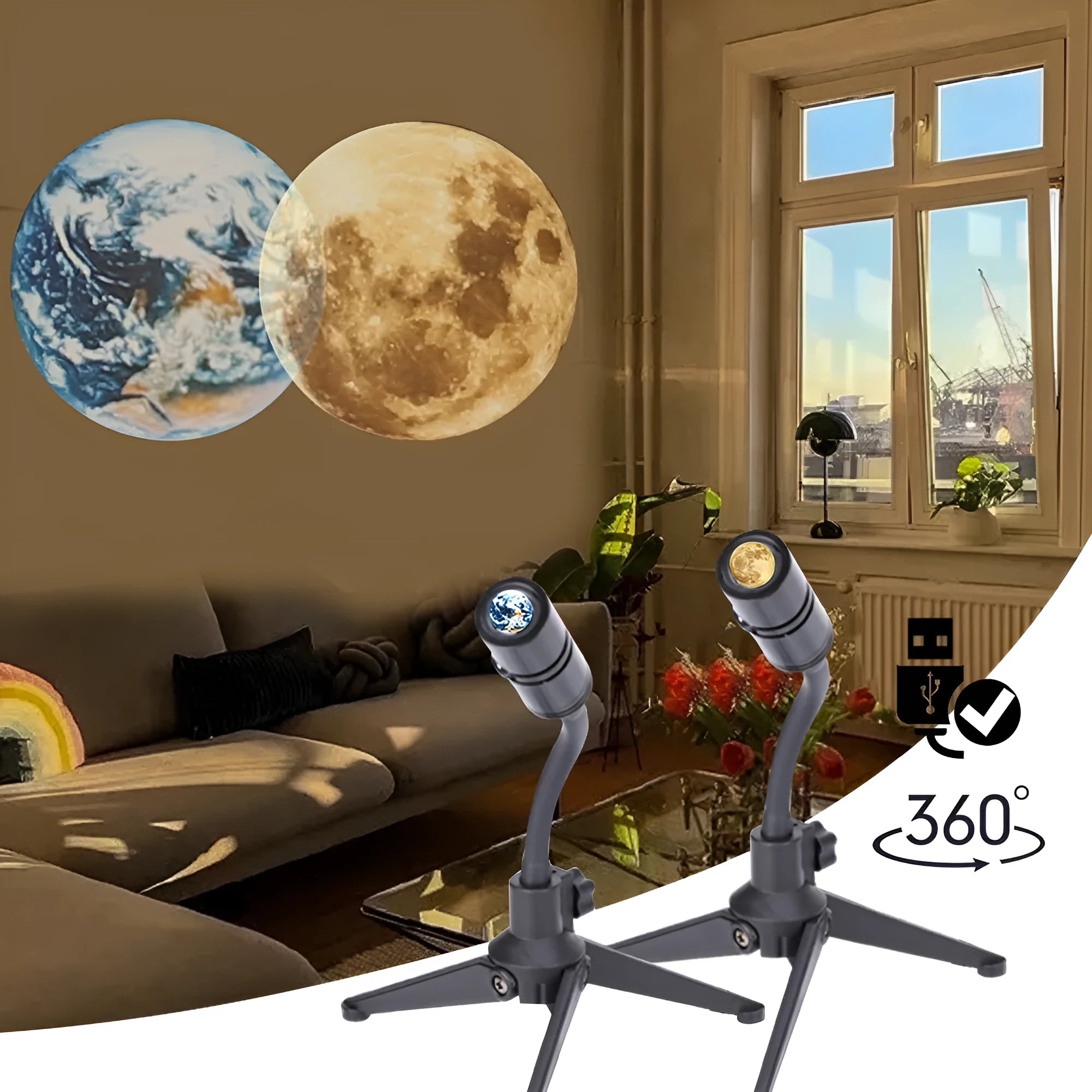 Earth and Moon projection lamp with adjustable metal hose bracket on a wooden table.