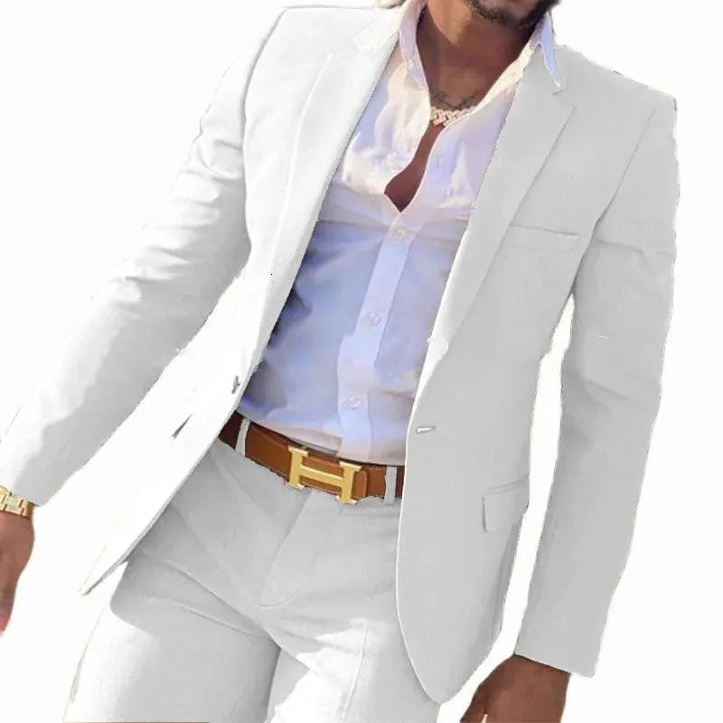 Men's two-piece suit in a choice of colours, showing jacket and trousers for formal banquet wear.