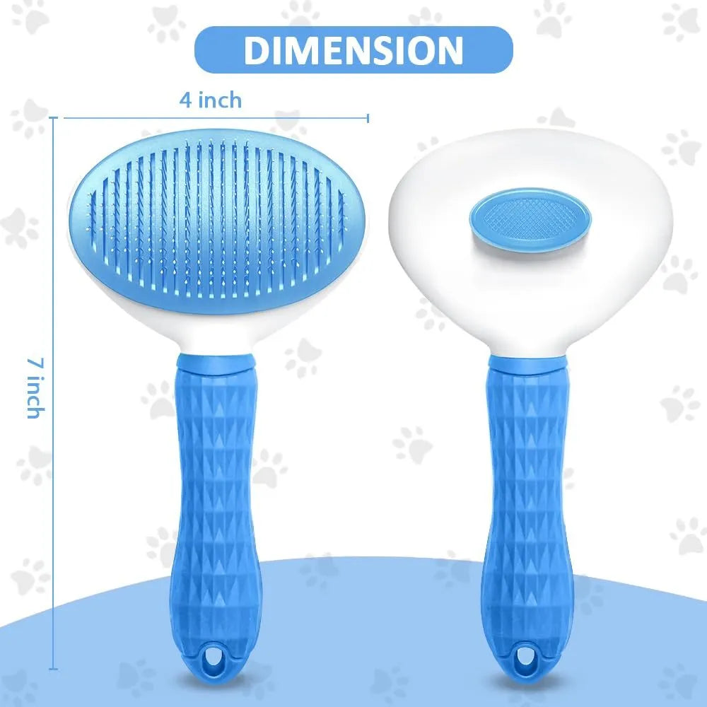 Cat grooming brush with release button in blue, grey, or pink colours for removing loose hair