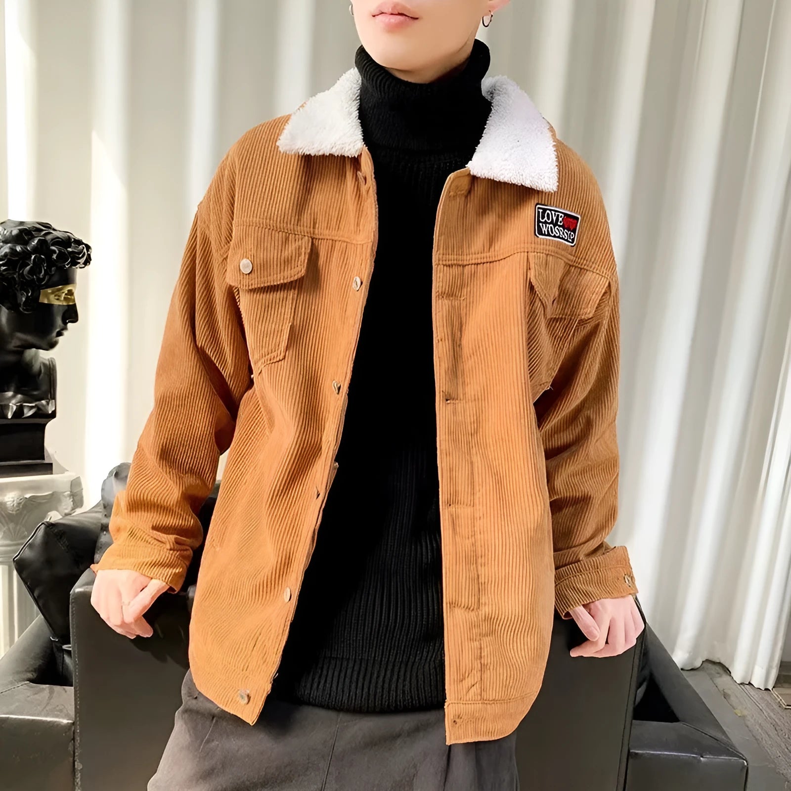 Men's corduroy workwear jacket in khaki colour showing ribbed texture and size stick pockets
