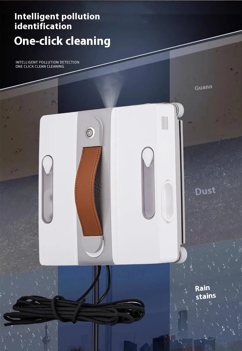 White intelligent window cleaning robot with water spray nozzles for high-rise buildings