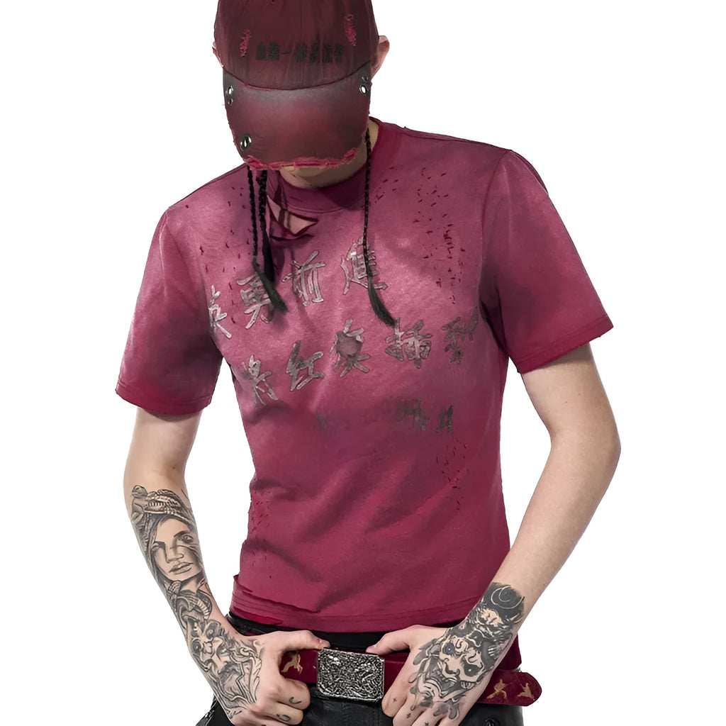 Red men's slim-fit t-shirt with a distressed spray wash effect on the fabric.