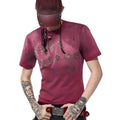 Red men's slim-fit t-shirt with a distressed spray wash effect on the fabric.