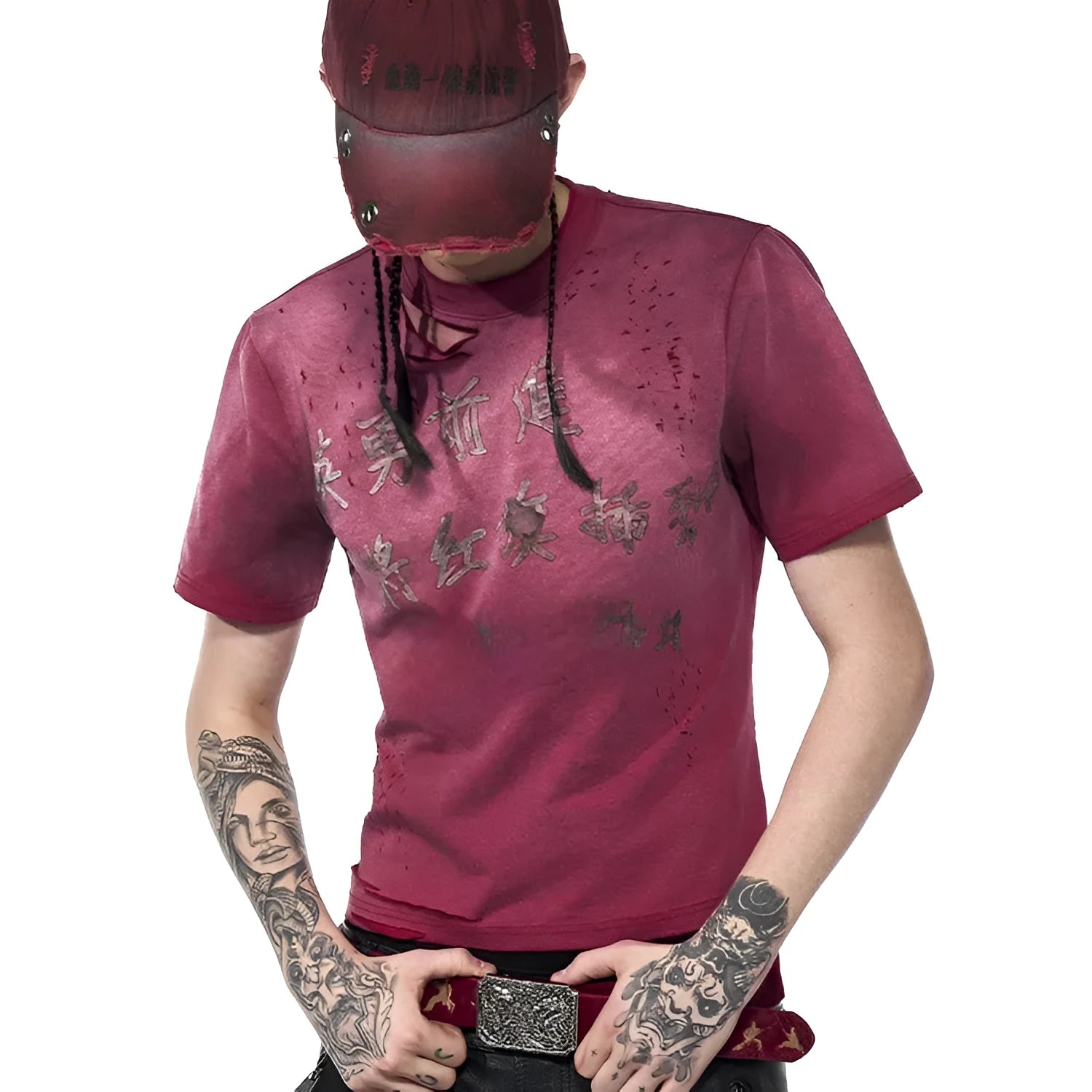 Red men's slim-fit t-shirt with a distressed spray wash effect on the fabric.