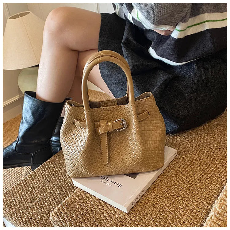 Women's PU messenger bucket bag in khaki with spliced design and three-dimensional outer pocket