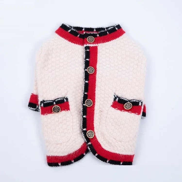 Blue wool princess-style sweater cardigan for dogs and cats shown on a pet model