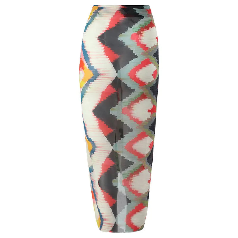 Women's striped gradient print two-piece swimsuit with hip skirt in quick-drying polyester