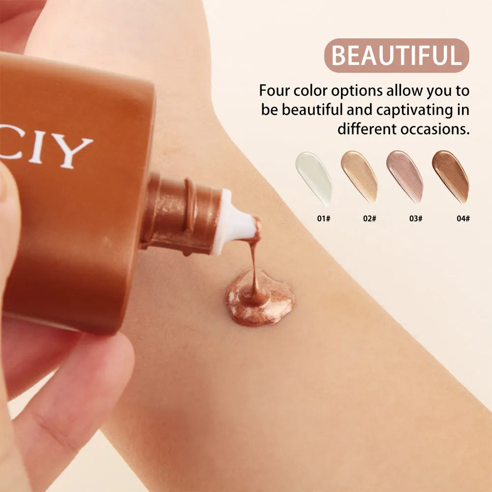 30ML bottle of face and body brightening contour liquid shown in one of four colour options.