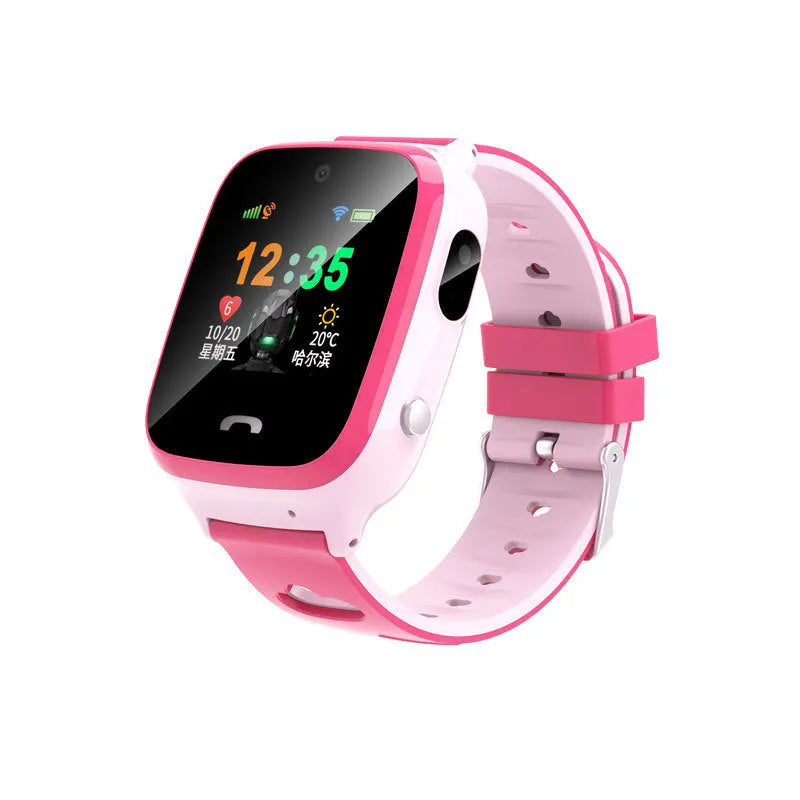 Children's smart phone watch with pink silicone strap showing HD touchscreen and positioning features