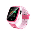 Children's smart phone watch with pink silicone strap showing HD touchscreen and positioning features