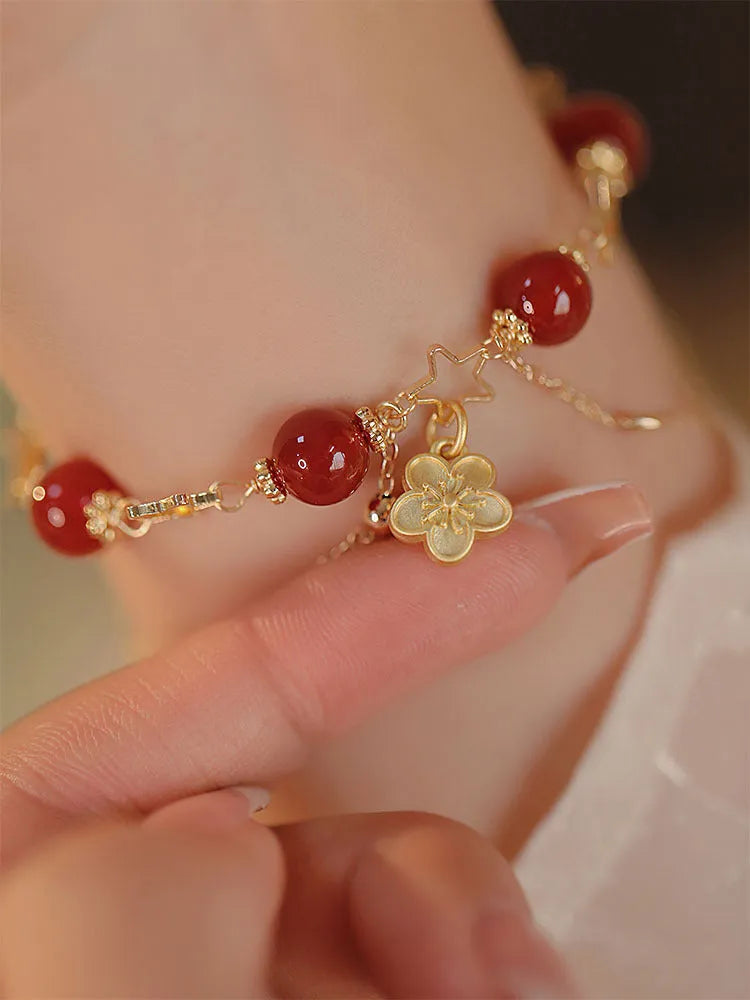 Handmade red agate double layer bracelet with floral and peach blossom ethnic design for women